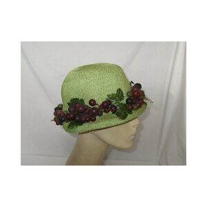 Vintage 1930's Green Straw Helmet Cloche Hat Trimmed with Glass Grapes